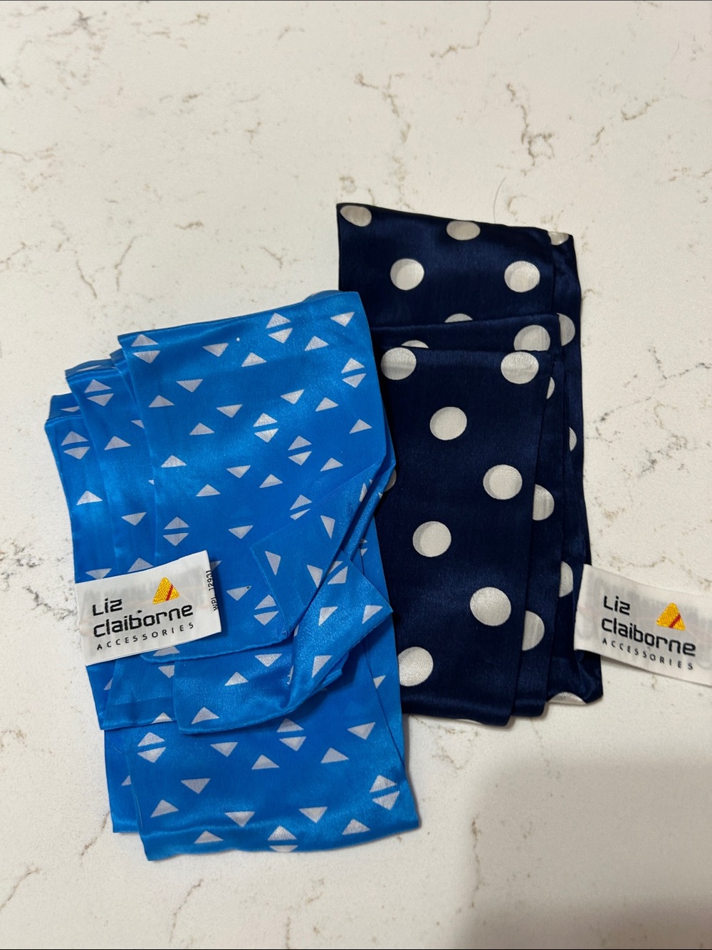 Liz Claiborne Blue Geometric and Navy Polka Dot Scarves 100% silk